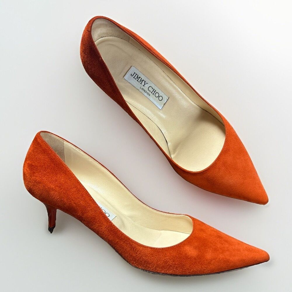 $875 Jimmy Choo Orange Suede Pointed Toe Kitten Stiletto Pumps Size IT 39 US 9